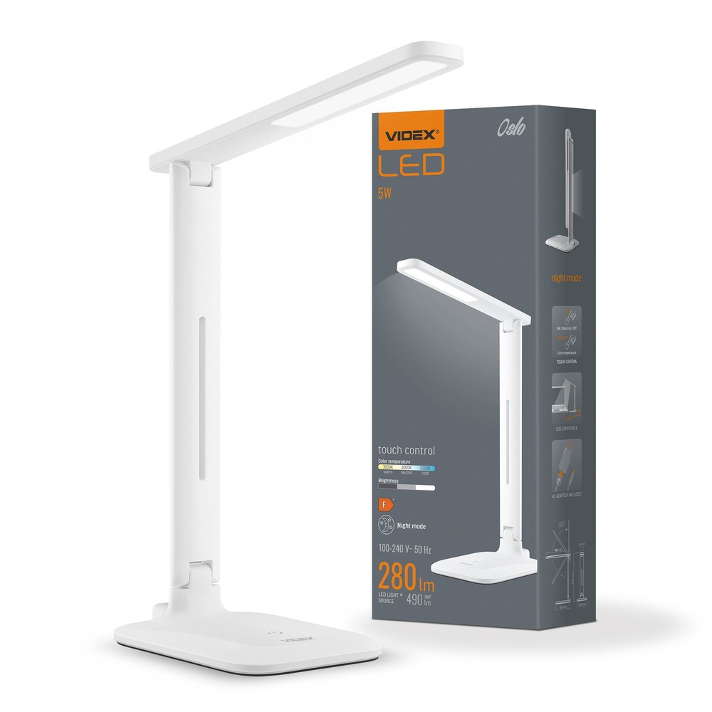 5w Oslo Led Skrivebordslampe, 3 Trin Dæmpbar   Hvid, Cct, 280lm, Ip20 Indendørs   Dæmpbar : 3 Step, Kulør : Neutral fra Videx