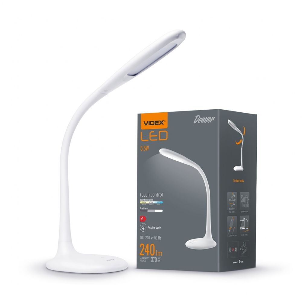 5,5w Led Dæmpbar Skrivebordslampe   Touch Kontrol, 4000k, Flicker Free, Hvid   Dæmpbar : 3 Step, Kulør : Neutral fra Videx
