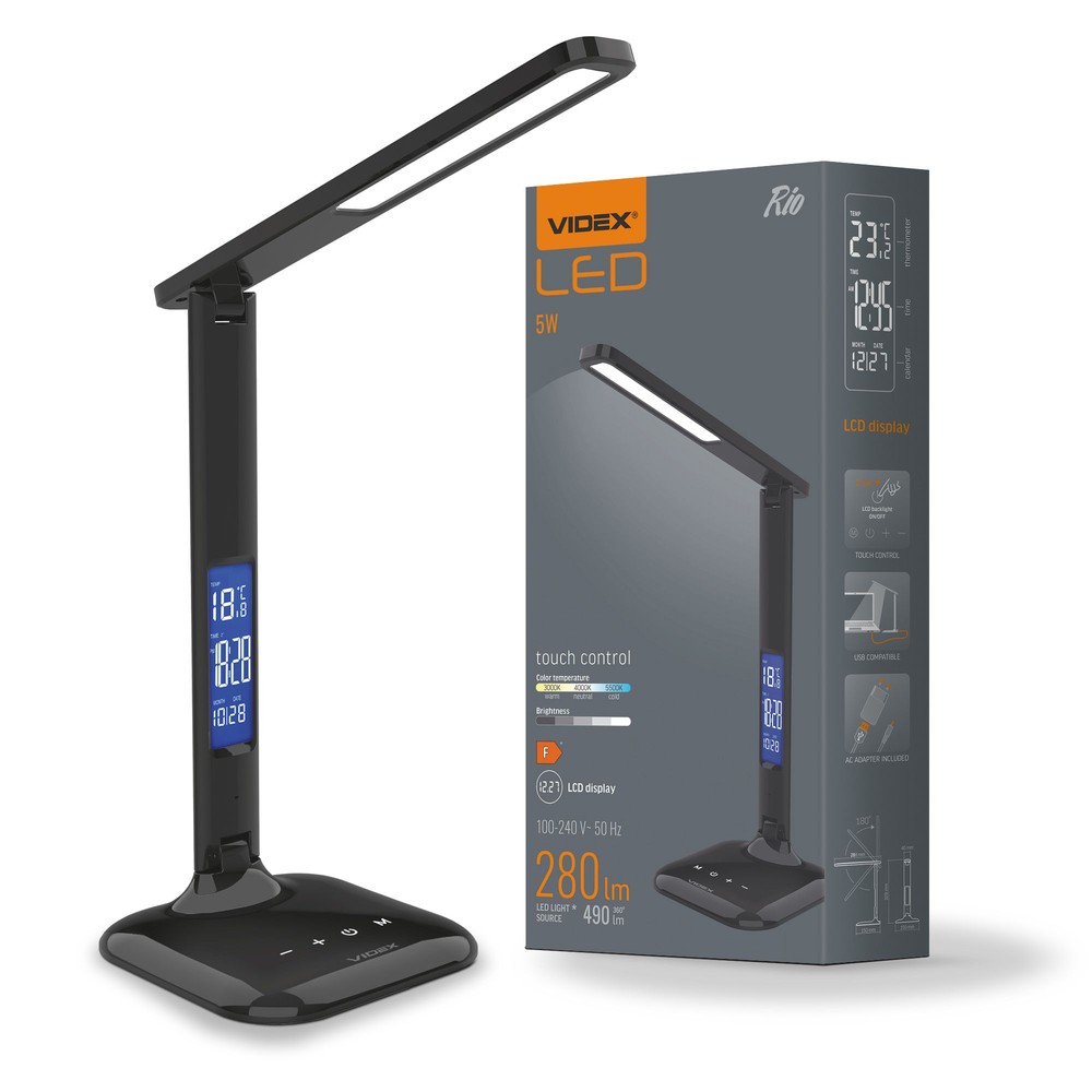 5w Led Dæmpbar Skrivebordslampe   Sort, 3 Trin Cct, Display Med Ur Temp, Touch Styring   Dæmpbar : 5 Step, Kulør : Neutral fra Videx