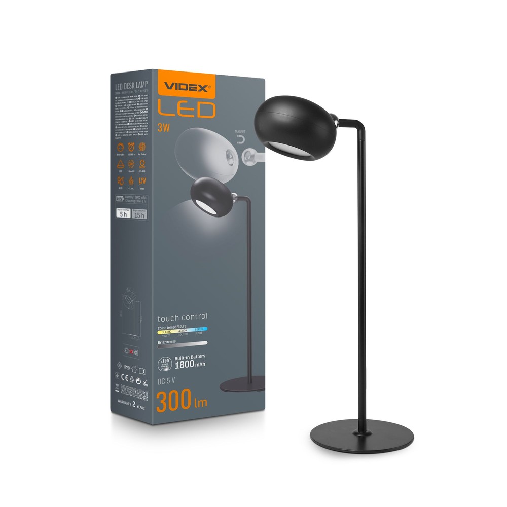 3w Led Bordlampe, Sort Genopladelig, Dæmpbar, Cct, Usb C, Op Til 15 Timers Batteri Dæmpbar : 3 Step, Kulør : Neutral fra Videx
