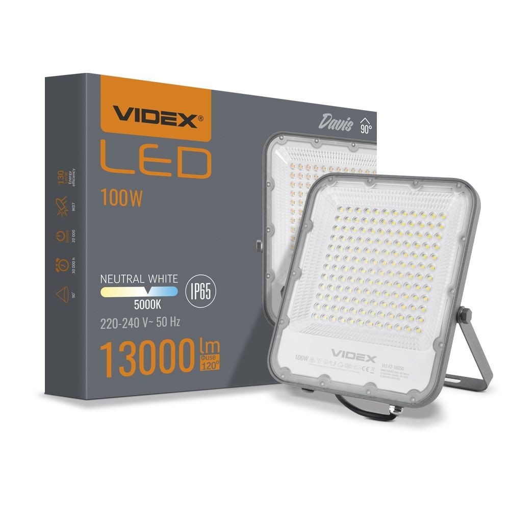 100w Led Projektør   150lm W, Ip65, Grå, 5000k, Udendørs   Kulør : Neutral fra Videx