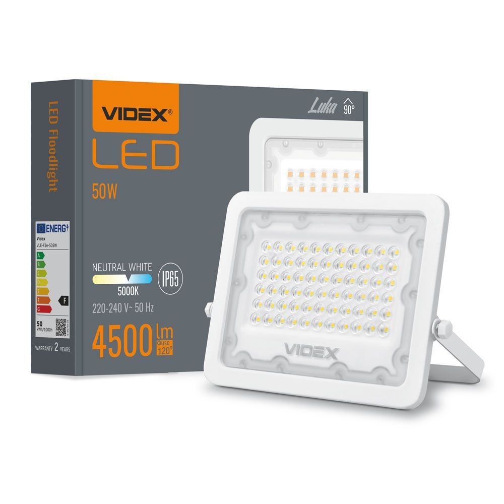 50w Led Projektør   4500lm, Ip65, Udendørs, Hvid Grå   Kulør : Neutral fra Videx
