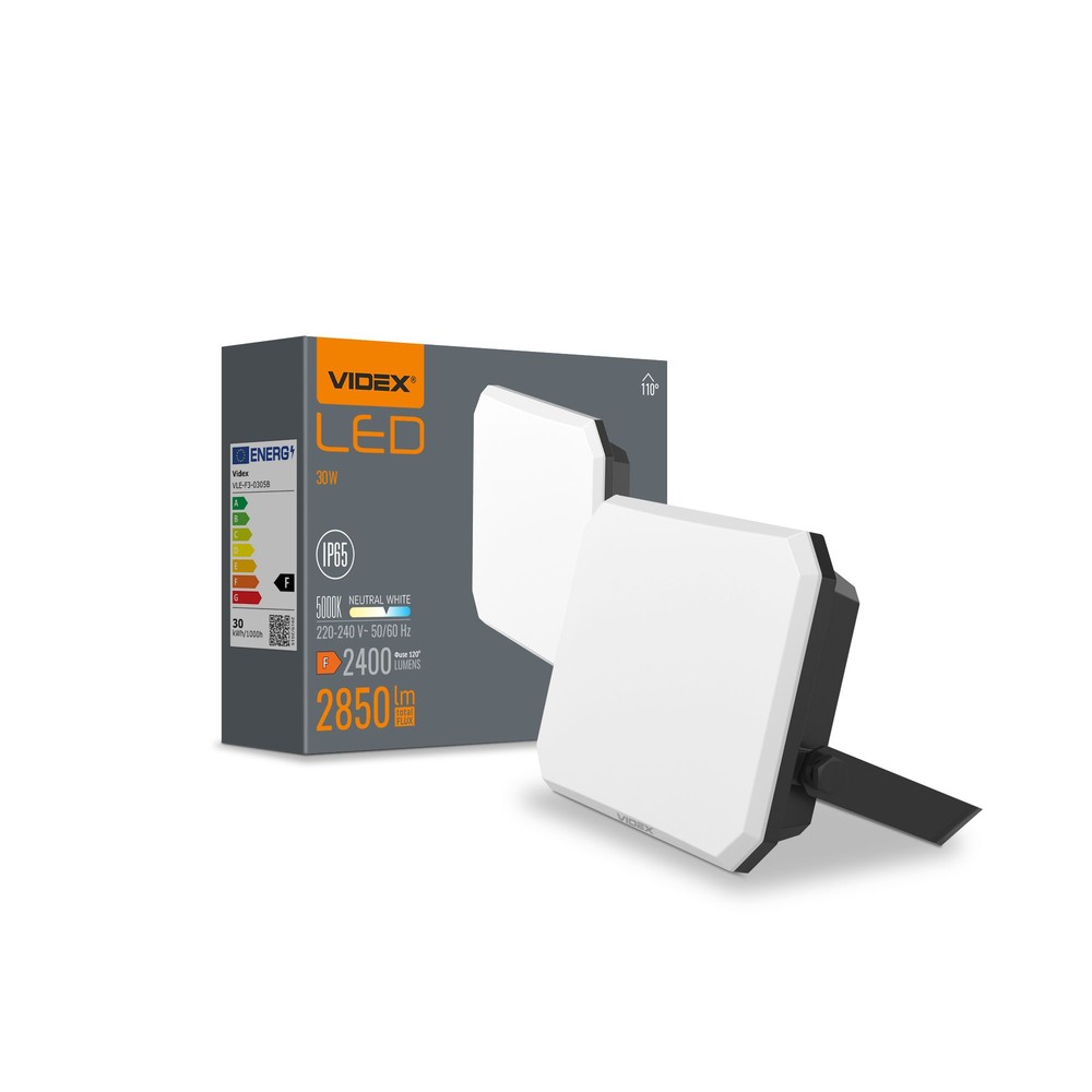 30w Led Projektør, Sort   2850lm, Ip65, 5000k, Udendørs, Arbejdslampe   Kulør : Neutral fra Videx
