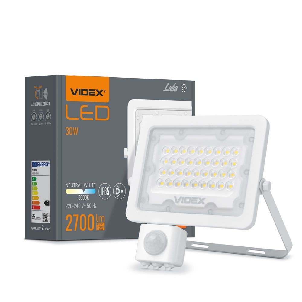 30w Luka Led Projektør Med Sensor 90lm W, Ip65, Hvid, 5000k, Udendørs Kulør : Neutral fra Videx