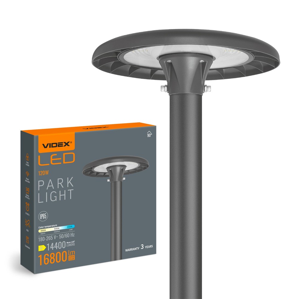 120w Led Gadebelysning Parklampe 140lm W, Ip65, Justerbar Watt Og Cct Dæmpbar : Dæmpbar, Kulør : Varm fra Videx