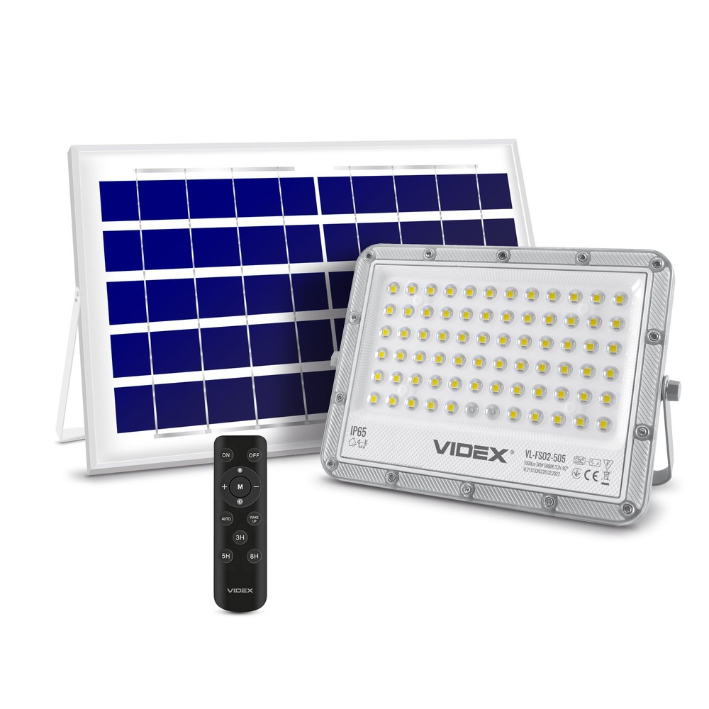 50w Solara Led Projektør Med Solcelle   1000lm, Ip65, 5000k, Grå, Inkl. Fjernbetjening Og Solcellepanel   Dæmpbar : Dæmpbar, Kulør : Neutral fra Videx