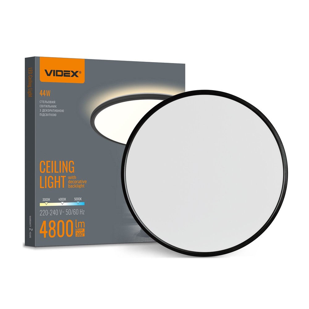 44w Led Loftslampe Med Backlight ø50cm, Ip54, Sort, 3 Cct, 109lm W, Inkl. Lyskilde Kulør : Neutral fra Videx