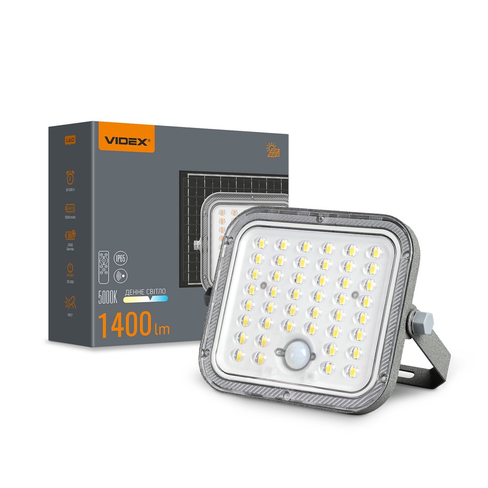 20w Led Solcelle Projektør Med Sensor   1400lm, Ip65, 5000k, Grå, Udendørs   Dæmpbar : Via Fjernbetjening, Kulør : Neutral fra Videx