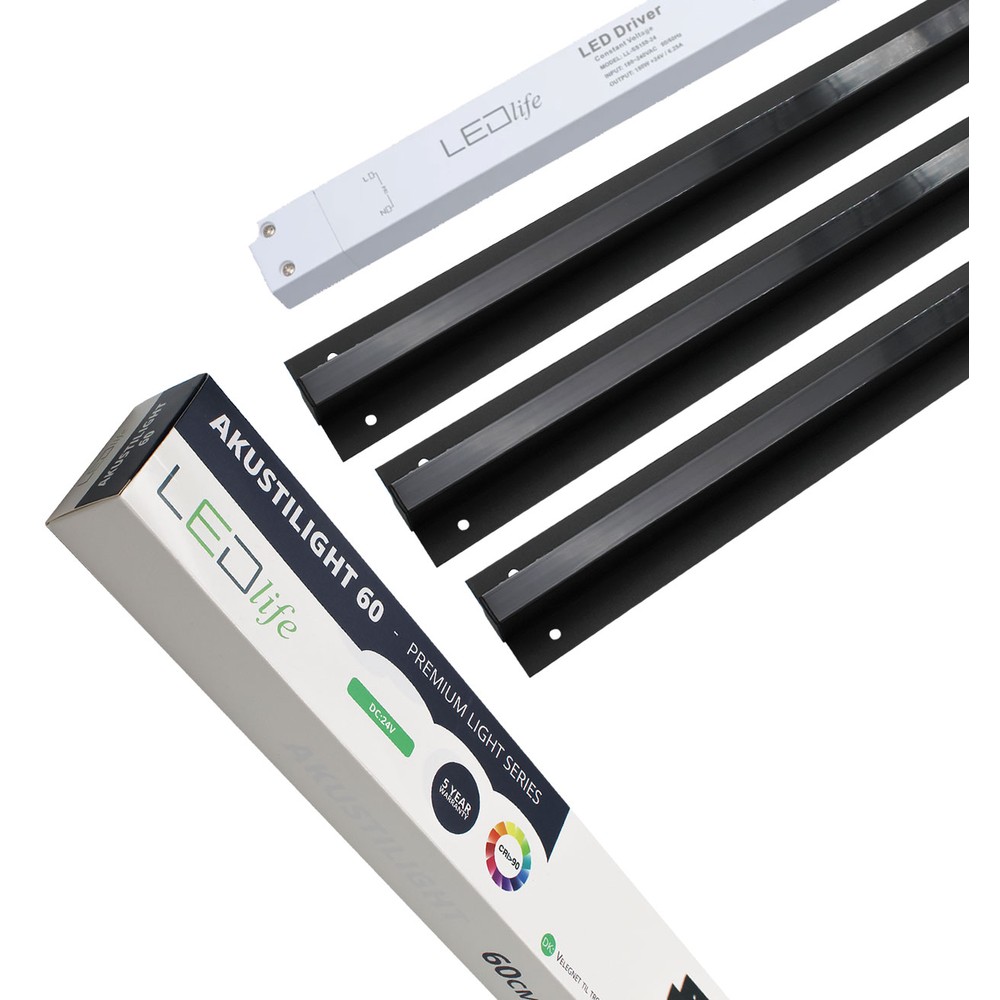 Sort Troldtekt Led Skinnesæt 3x60 Cm   Planforsænket, Akustilight Inkl. Ledninger Og Driver   Kulør : Varm fra Ledlife