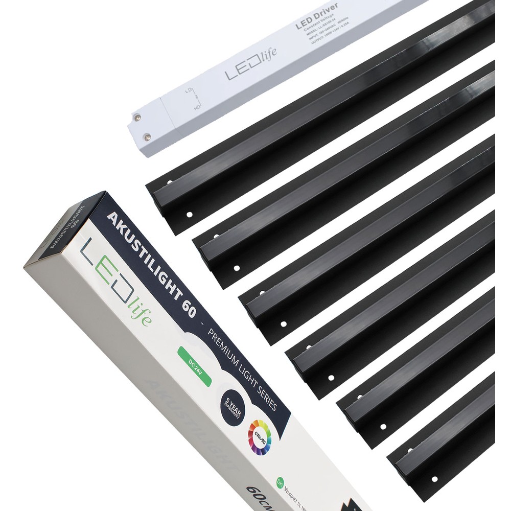 Sort Troldtekt Led Skinnesæt 6x60 Cm   Planforsænket, Akustilight Inkl. Ledninger Og Driver   Kulør : Varm fra Ledlife