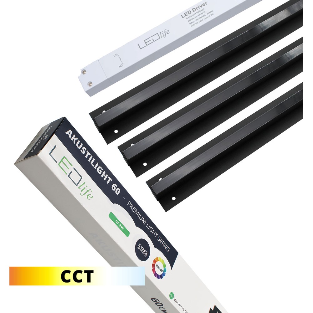 Sort Troldtekt Cct Led Skinnesæt 3x60 Cm   Planforsænket, Akustilight Inkl. Ledninger Og Driver   Kulør : Cct (varm Til Kold Hvid) fra Ledlife