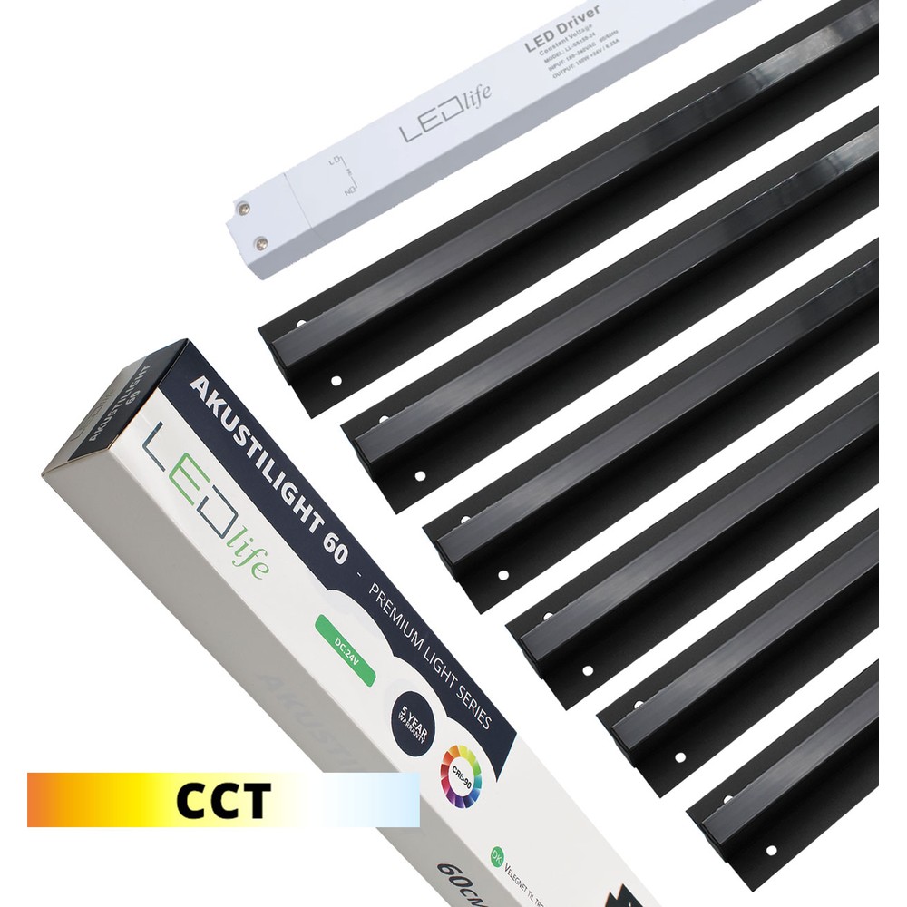 Sort Troldtekt Cct Led Skinnesæt 6x60 Cm   Planforsænket, Akustilight Inkl. Ledninger Og Driver   Kulør : Cct (varm Til Kold Hvid) fra Ledlife