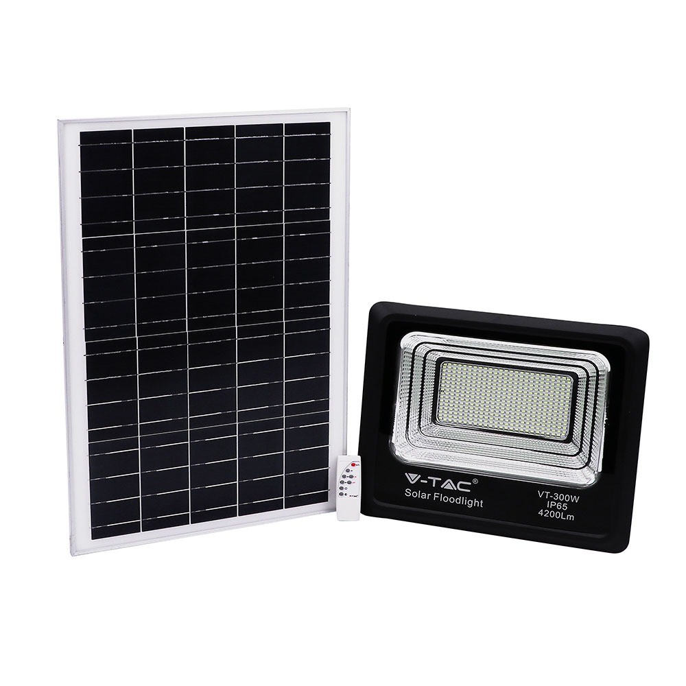 300w Led Solcelle Projektør 4200lm, Ip65, 6000k, Inkl. Solcellepanel Og Fjernbetjening Kulør : Kold fra V-tac