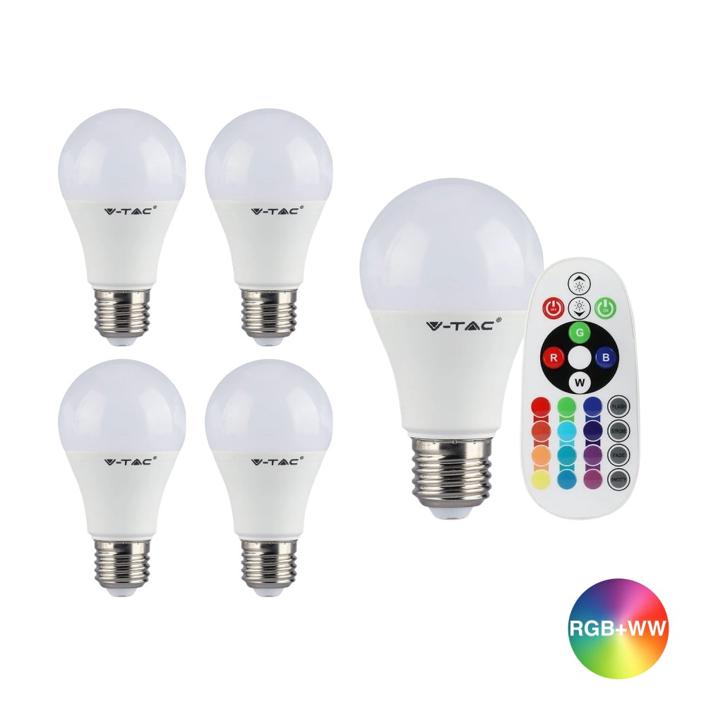 5 Stk. E27 6w Rgbw Led Pære   Med Rf Fjernbetjening   Dæmpbar : Dæmpbar, Kulør : Rgb fra V-tac