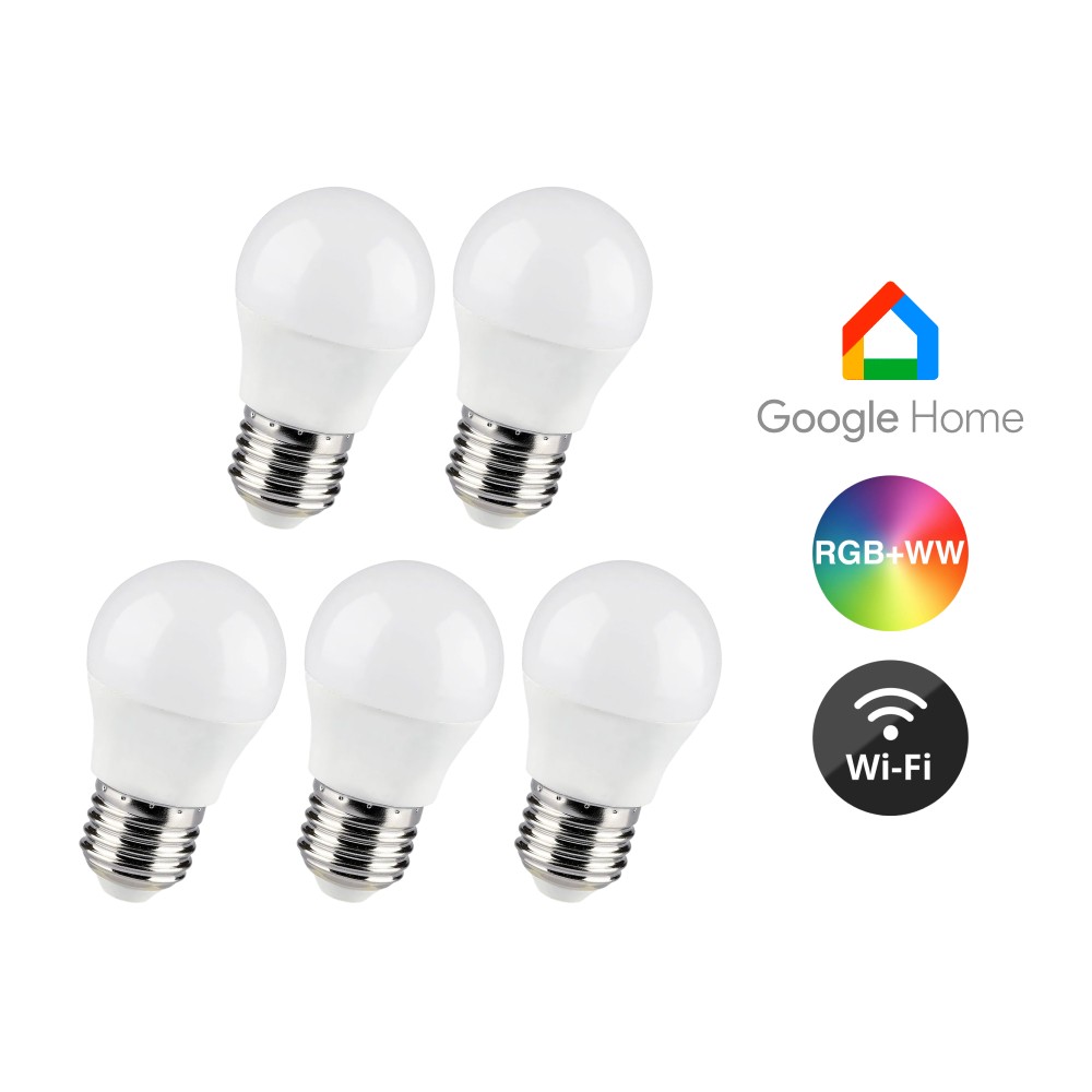 5 Stk. E27 5w Wifi Led Pære   G45, Tuya Smart Life, Virker Med Google Home   Dæmpbar : Via Smart Home, Kulør : Rgb + Cct (varm Til Kold Hvid) fra V-tac