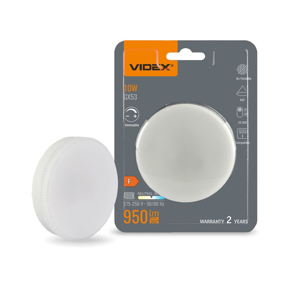 Gx53 10w Dæmpbar Led Pære 1000lm, 4000k, 140 Grader Dæmpbar : Dæmpbar, Kulør : Neutral fra Videx
