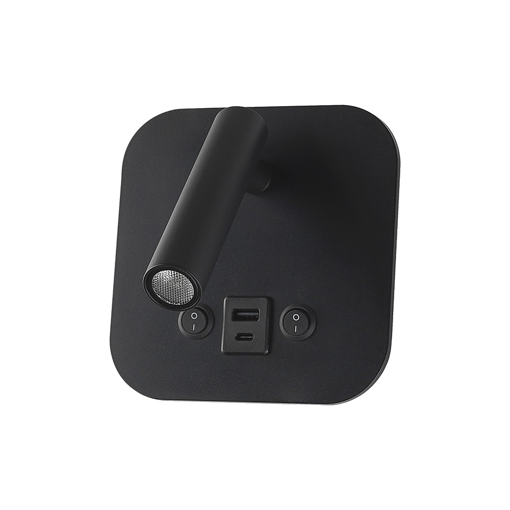 8w Led Senge Væglampe Med Usb Opladning   Sort, 3000k, Cree Chip, Usb A Og Usb C   Kulør : Varm fra V-tac
