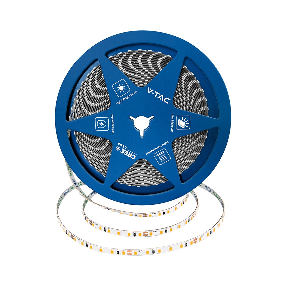 120 Vt 2835 Led Lysbånd 8w M Cree Chip 3000k Ip20 24v 5mm Dobbelt Pcb (10m Rulle)(pris M) Kulør : Varm fra V-tac