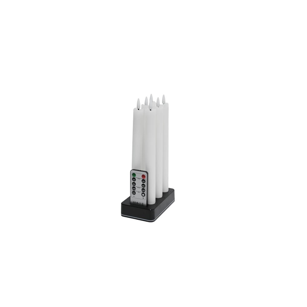 6 Pak Hvide Led Stearinlys Inkl. Ladebase ø2cm, Højde: 25cm, Kronelys, Inkl. Fjernb., Timer fra Ledlife