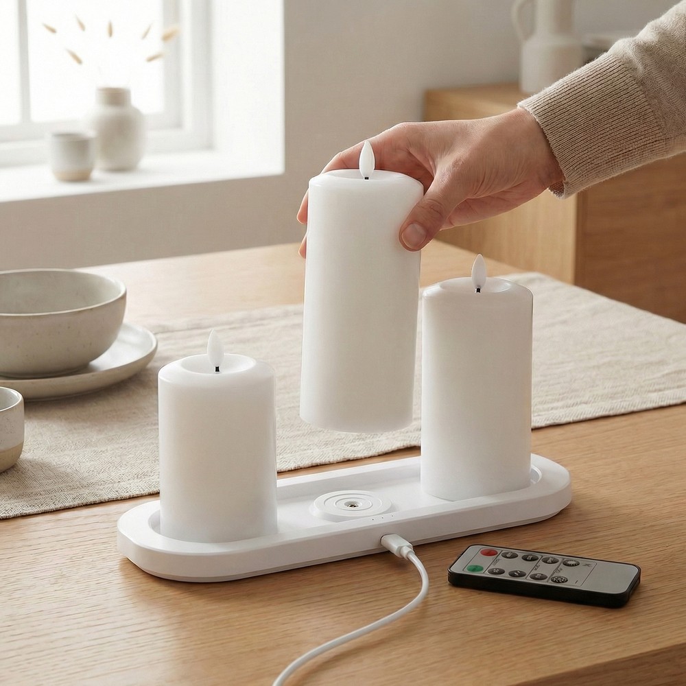 3 Pak Hvide Led Bloklys Inkl. Ladebase ø7,5cm, 10 12,5 15 Cm Høj, Inkl. Fjernb., Timer fra Ledlife