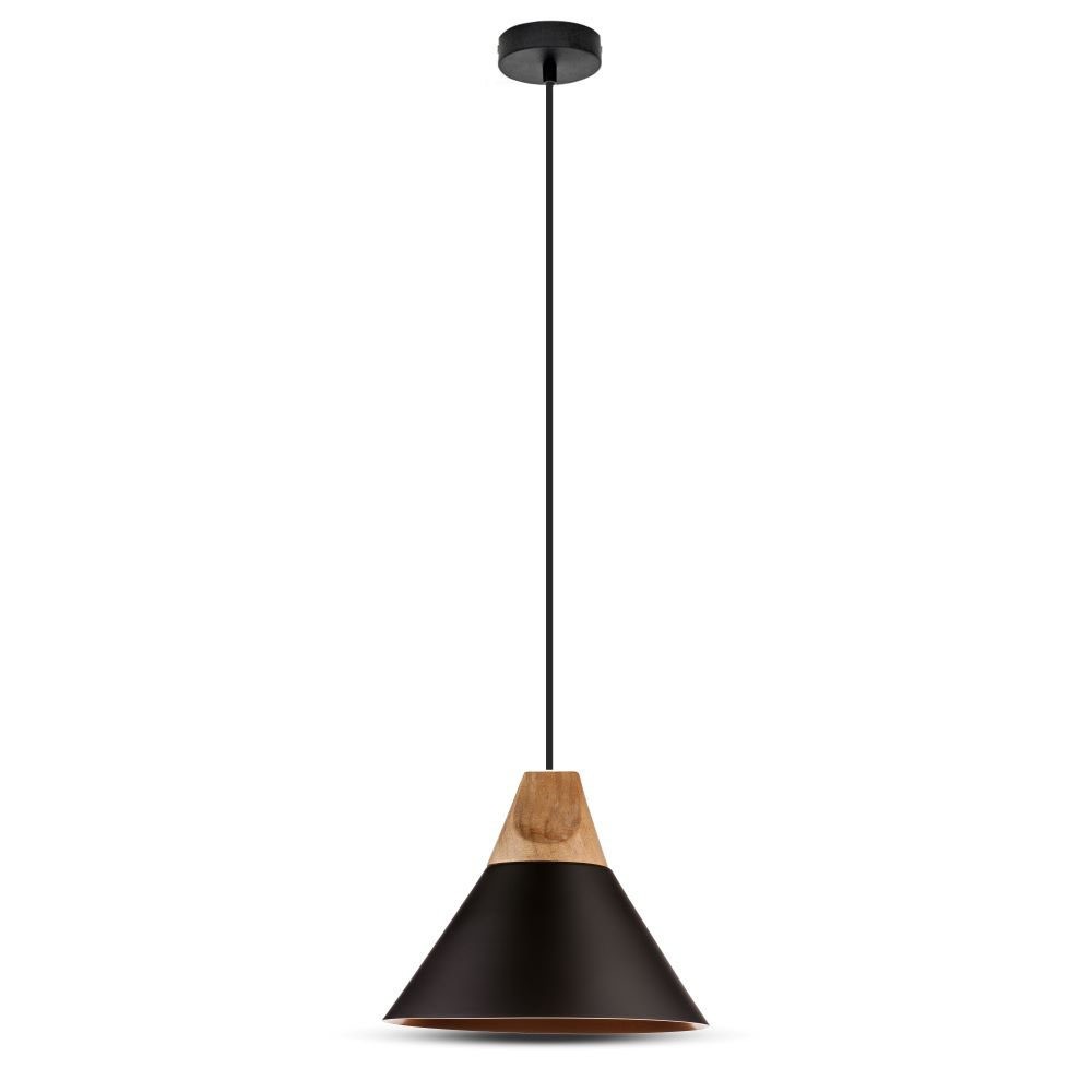 ø26cm Pendel I Aluminium Med Trætop   E27 Fatning, Max 60w, Sort, Uden Lyskilde fra V-tac