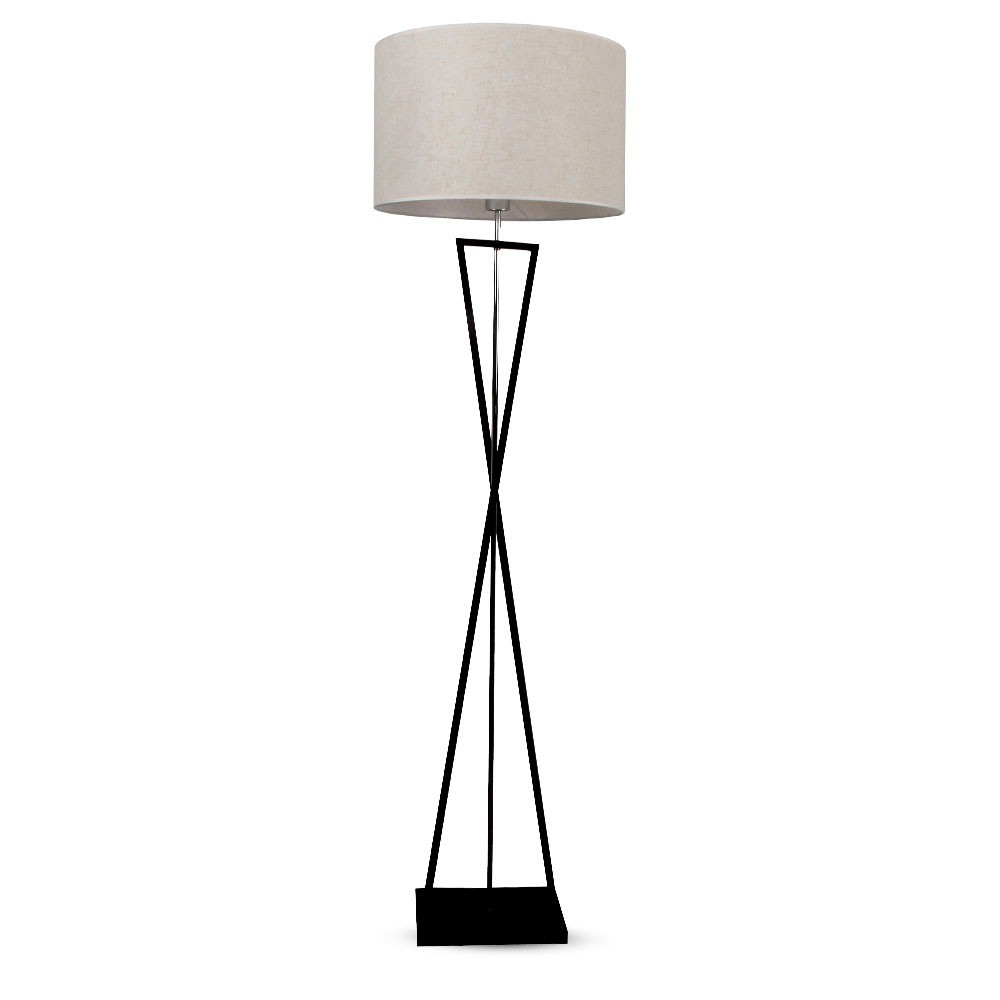 Designer Gulvlampe E27   Rundt Elfenbensfarvet Lampeskærm, Sort Metalfod fra V-tac