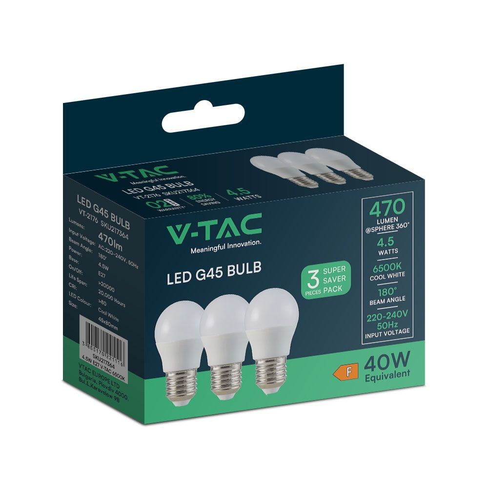 3 Stk. E27 4,5w Led Kronepærer G45, 4000k, Hvidt Glas, 3 Pak Kulør : Kold fra V-tac