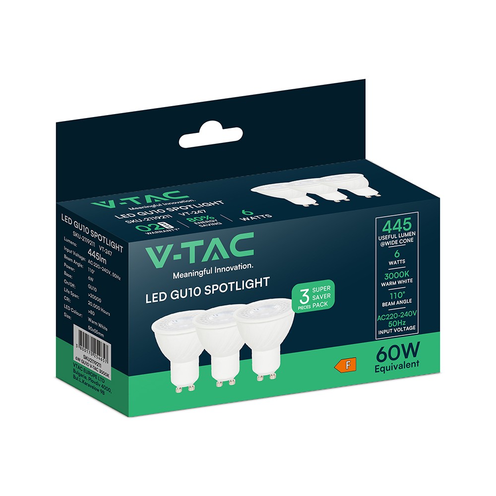 Vt 247 Spotlys 6w Gu10   Plast, 3000k, 110°, 3 Stk Pakke   Kulør : Varm fra V-tac