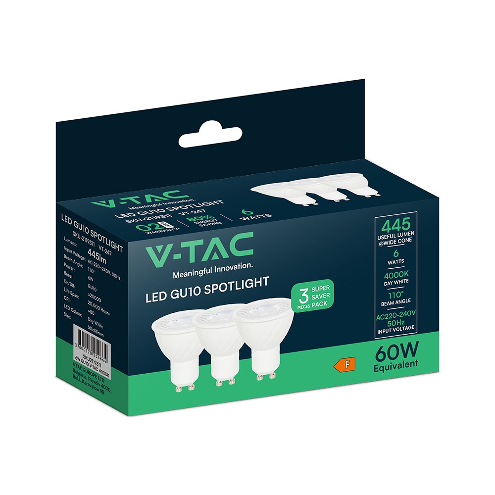 3 Stk. V Tac 6w Gu10 Led Pærer 445lm, 110 Grader, 4000k Kulør : Neutral fra V-tac