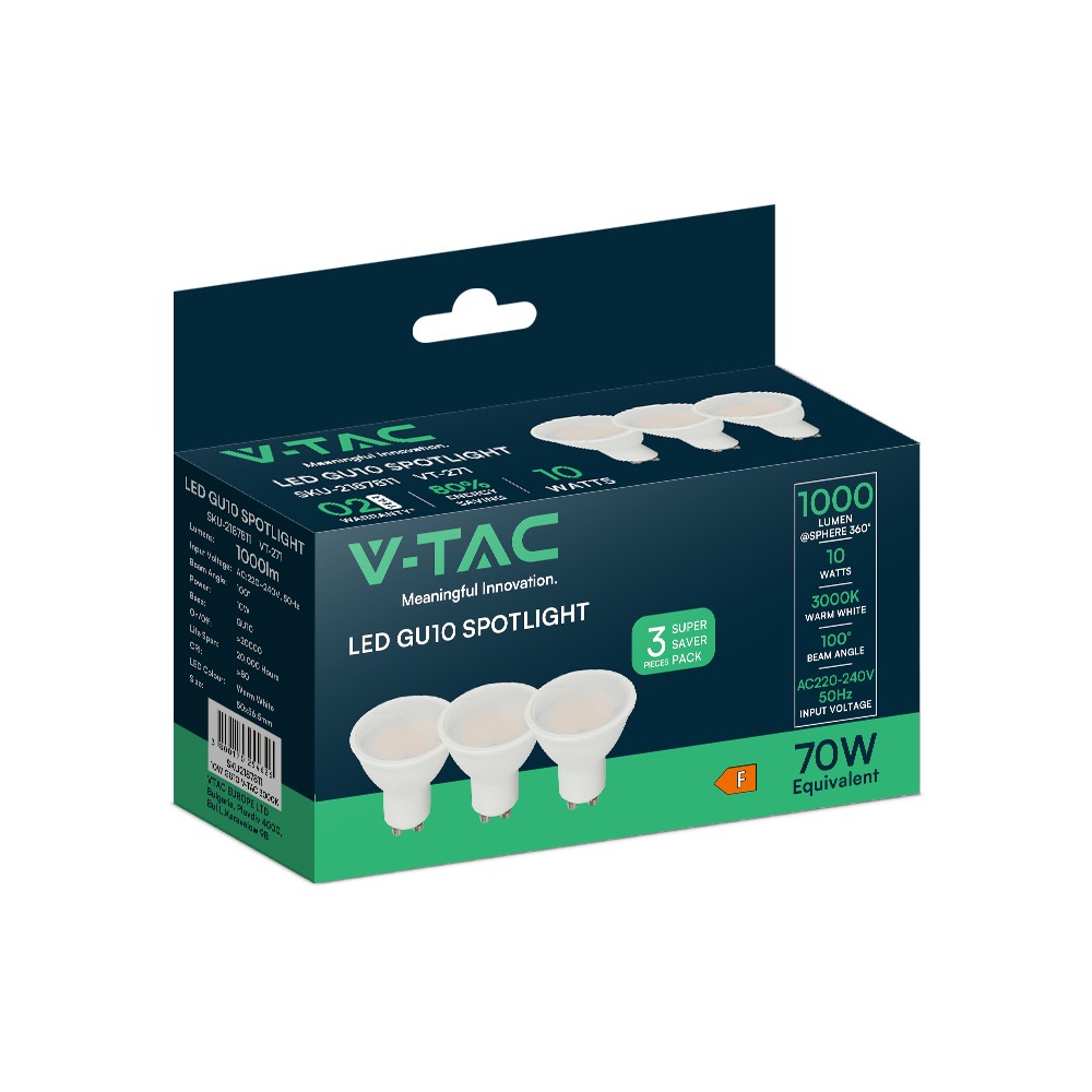 Gu10 10w Led Pære 1000lm, 110 Grader, Samsung Led Chip, Mat Glas Kulør : Varm fra V-tac