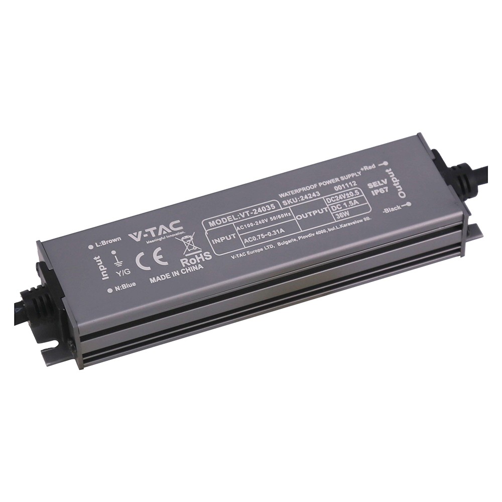 36w 24v Dc Strømforsyning Til Led Strips 1.5a, Ip67 Vandtæt fra V-tac