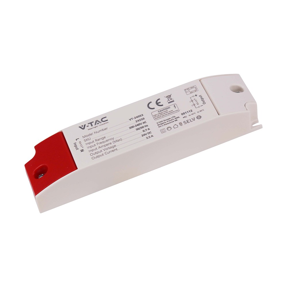 60w 24v Dc Strømforsyning Til Led Strips 2.5a, Ip44, Plast Hus fra V-tac