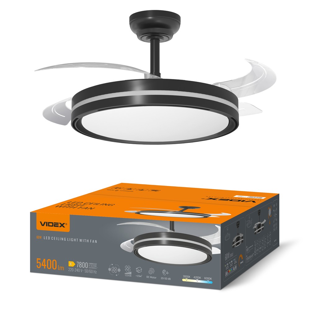 Loftslampe Med Skjult Blæser Ra90, Cct, 60w, Sort Dæmpbar : Via Fjernbetjening, Kulør : Varm fra Videx