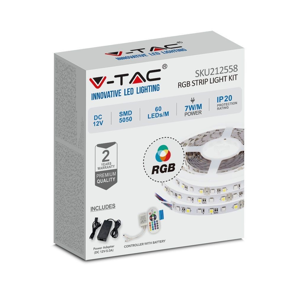 5m 7w M Rgb Led Strip Sæt 12v Dc, Ip20, 60 Led Pr. Meter fra V-tac