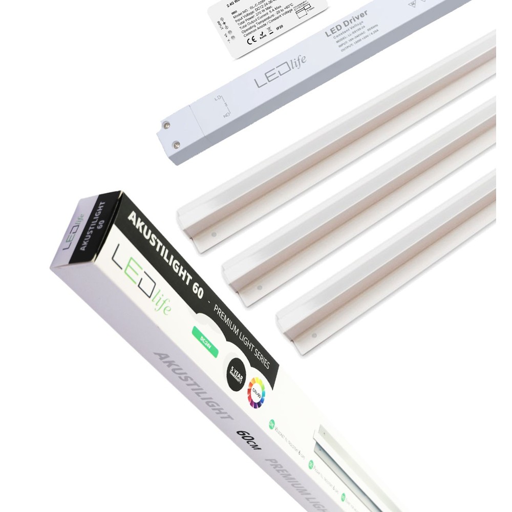 Troldtekt Led Zigbee Skinnesæt 3x60 Cm   Cct, Planforsænket, Akustilight Inkl. Ledninger Og Driver   Dæmpbar : Via Zigbee, Kulør : Cct (varm Til Kold Hvid) fra Ledlife