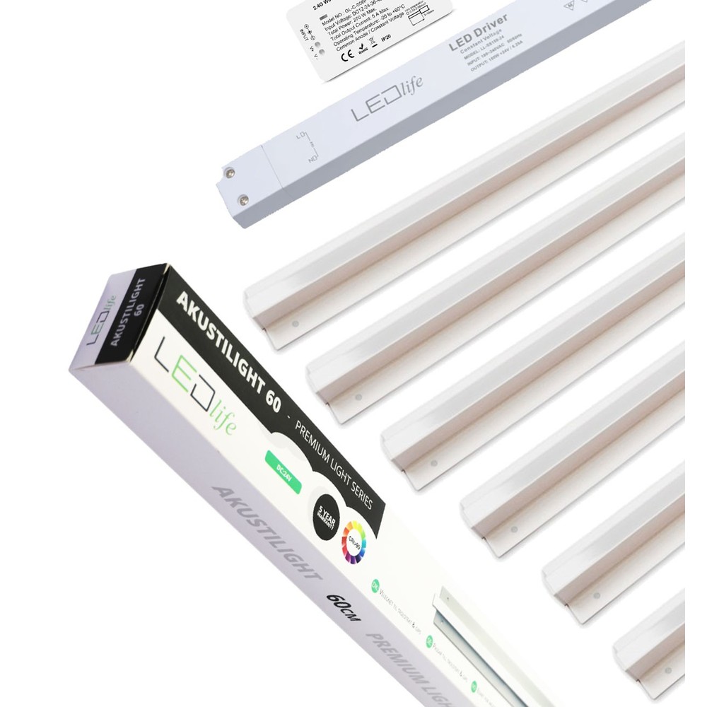 Troldtekt Led Zigbee Skinnesæt 6x60 Cm   Cct, Planforsænket, Akustilight Inkl. Ledninger Og Driver   Dæmpbar : Via Zigbee, Kulør : Cct (varm Til Kold Hvid) fra Ledlife