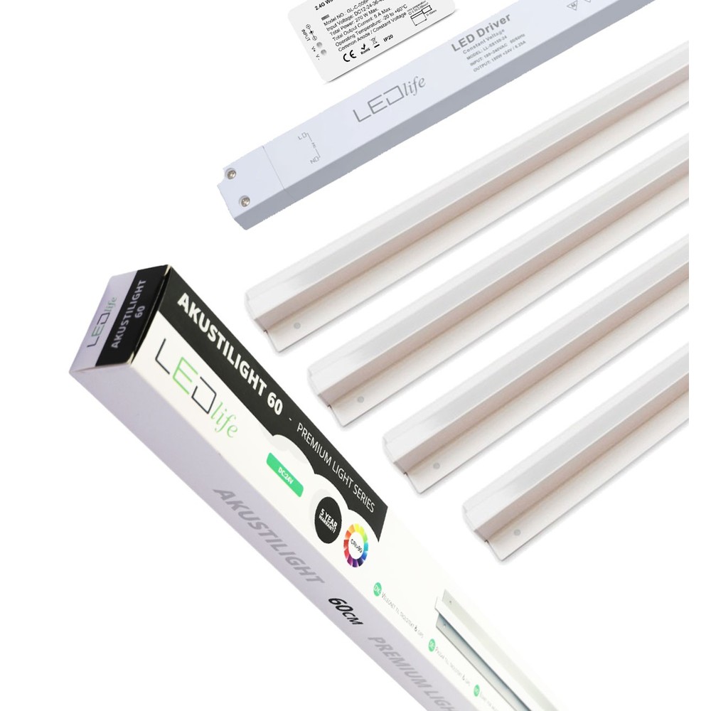 Troldtekt Led Zigbee Skinnesæt 4x120 Cm   Cct, Planforsænket, Akustilight Inkl. Ledninger Og Driver   Dæmpbar : Via Zigbee, Kulør : Cct (varm Til Kold Hvid) fra Ledlife