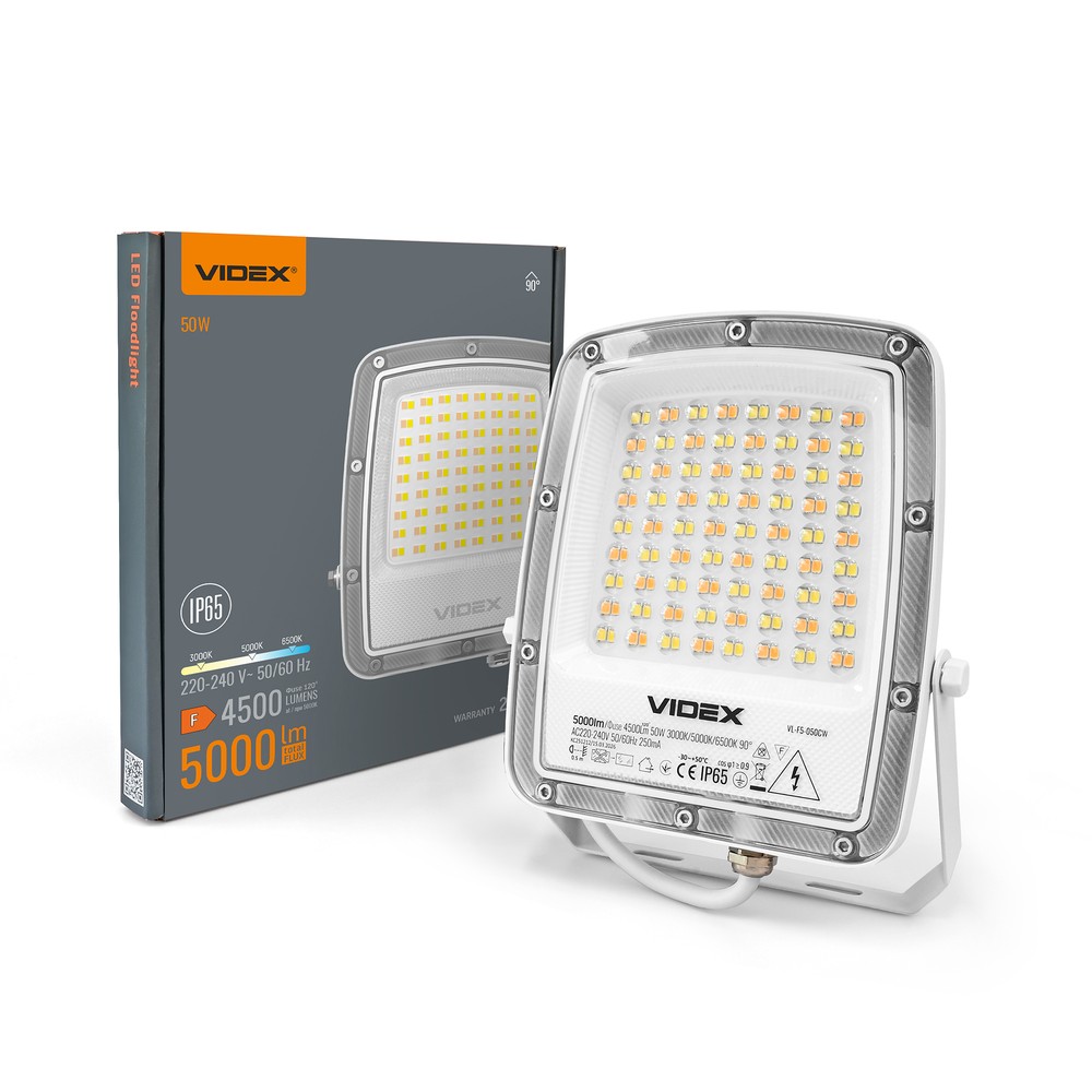 50w Led Projektør Cct   Ip65, 3 Lyskulører, Udendørs   Kulør : Varm fra Videx