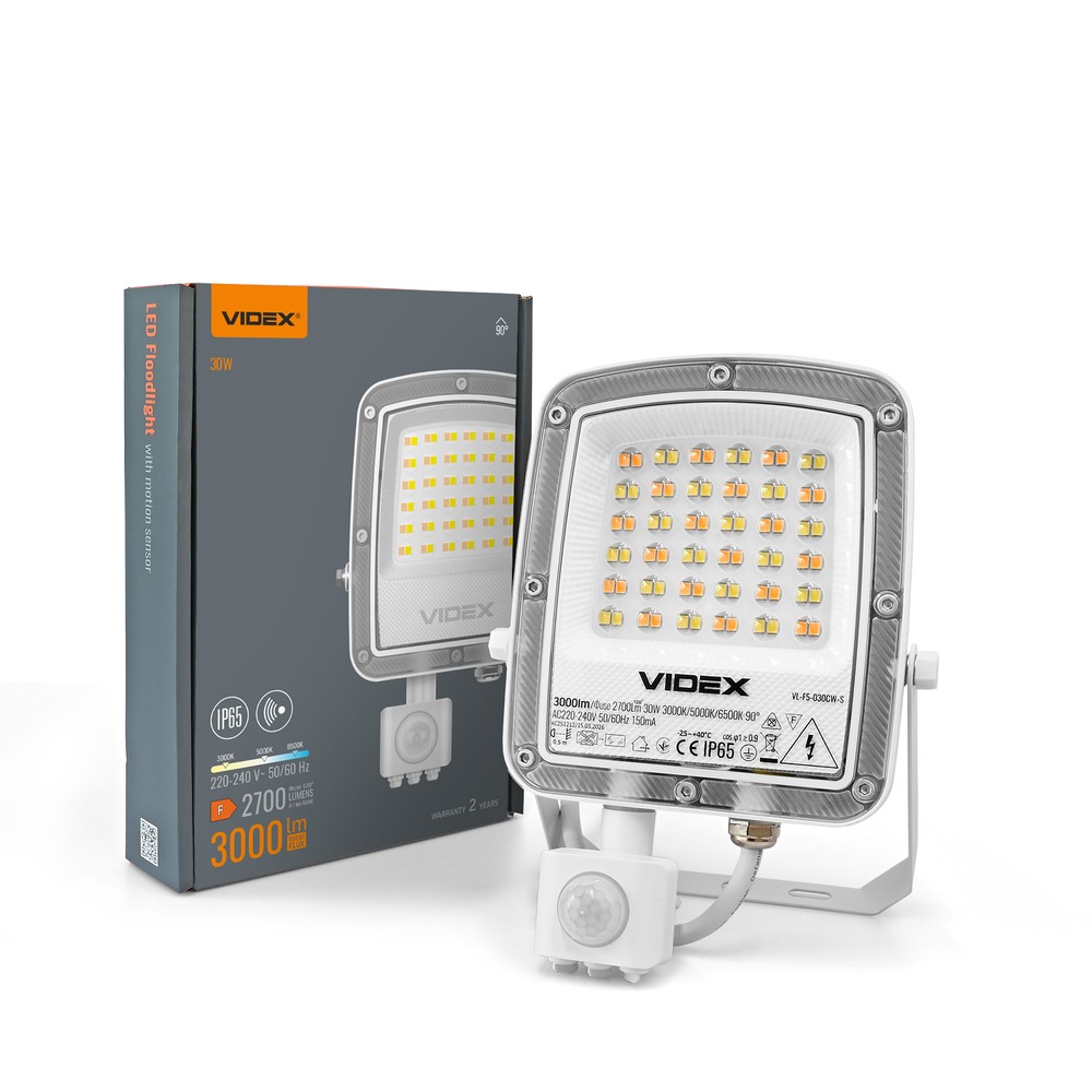 30w Led Projektør Med Sensor   Cct, Ip65, Pir Bevægelsessensor, Sort Kabinet   Kulør : Varm fra Videx