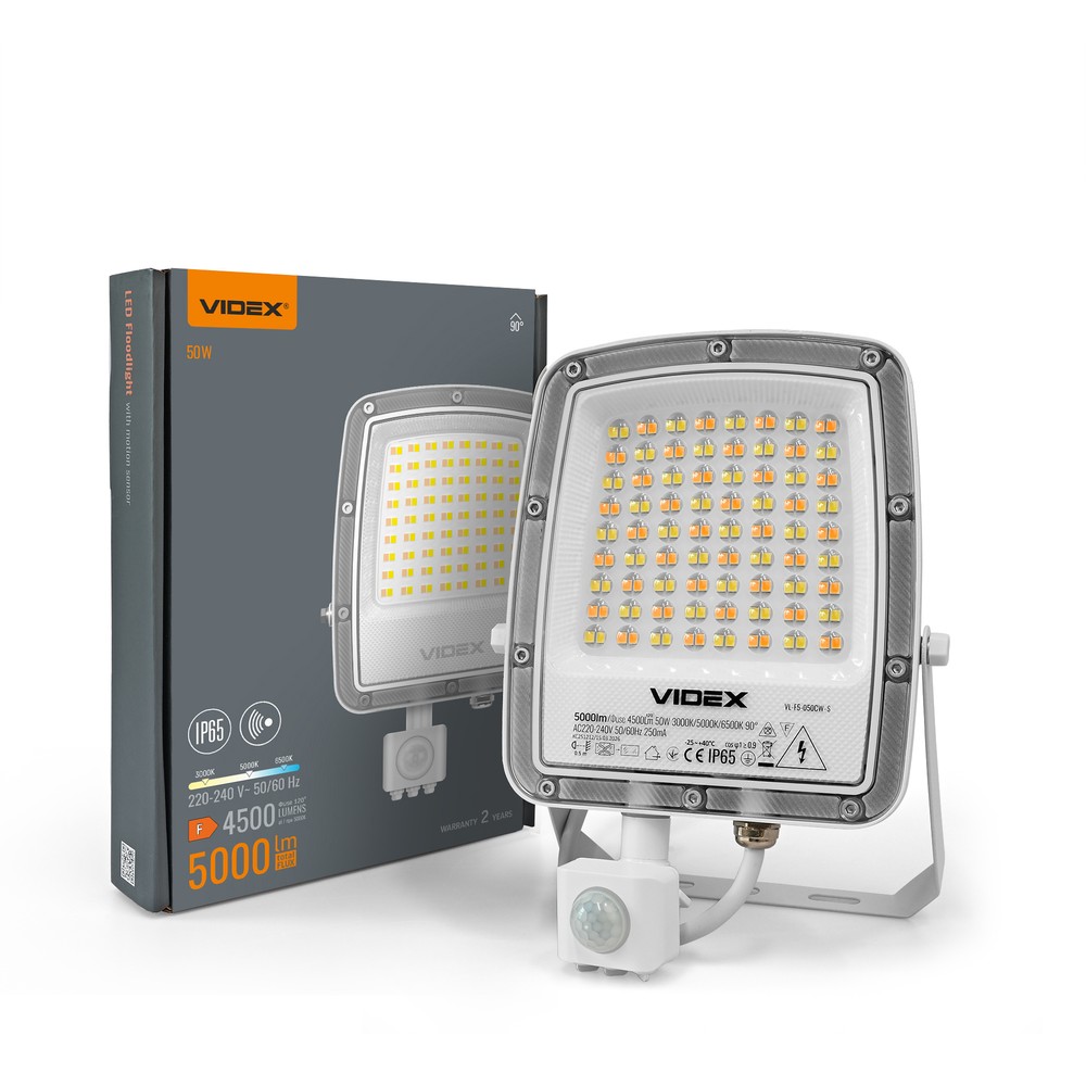 50w Led Projektør Med Sensor   Cct, Ip65, Bevægelsessensor, Udendørs   Kulør : Varm fra Videx