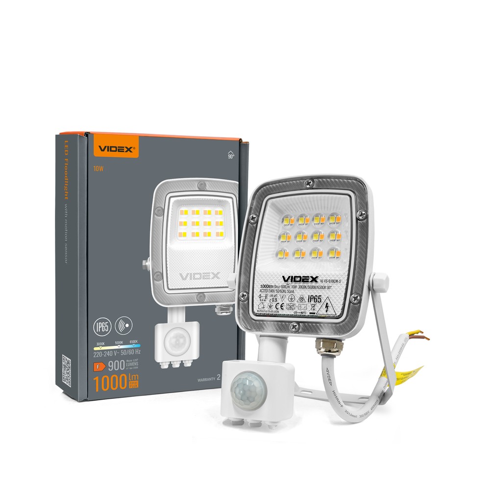 10w Led Projektør Med Sensor   Cct, Ip65, Pir Bevægelsessensor, Arbejdslampe, Udendørs   Kulør : Varm fra Videx