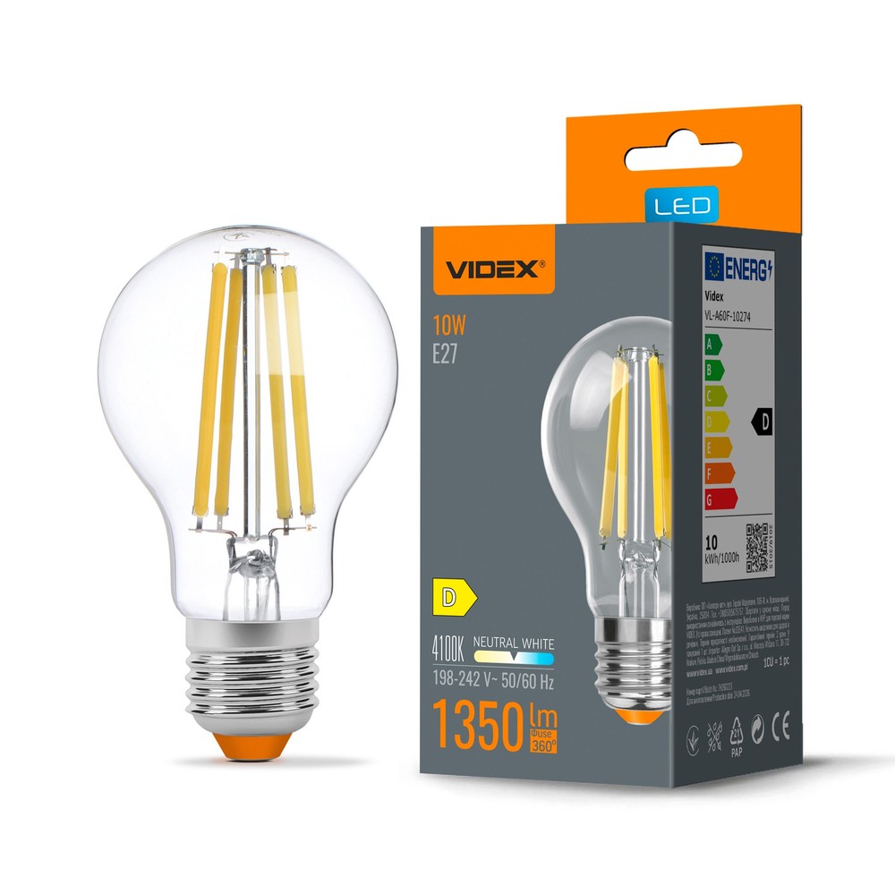 E27 10w Led Filament Pære A60, Neutral Hvid Kulør : Neutral fra Videx