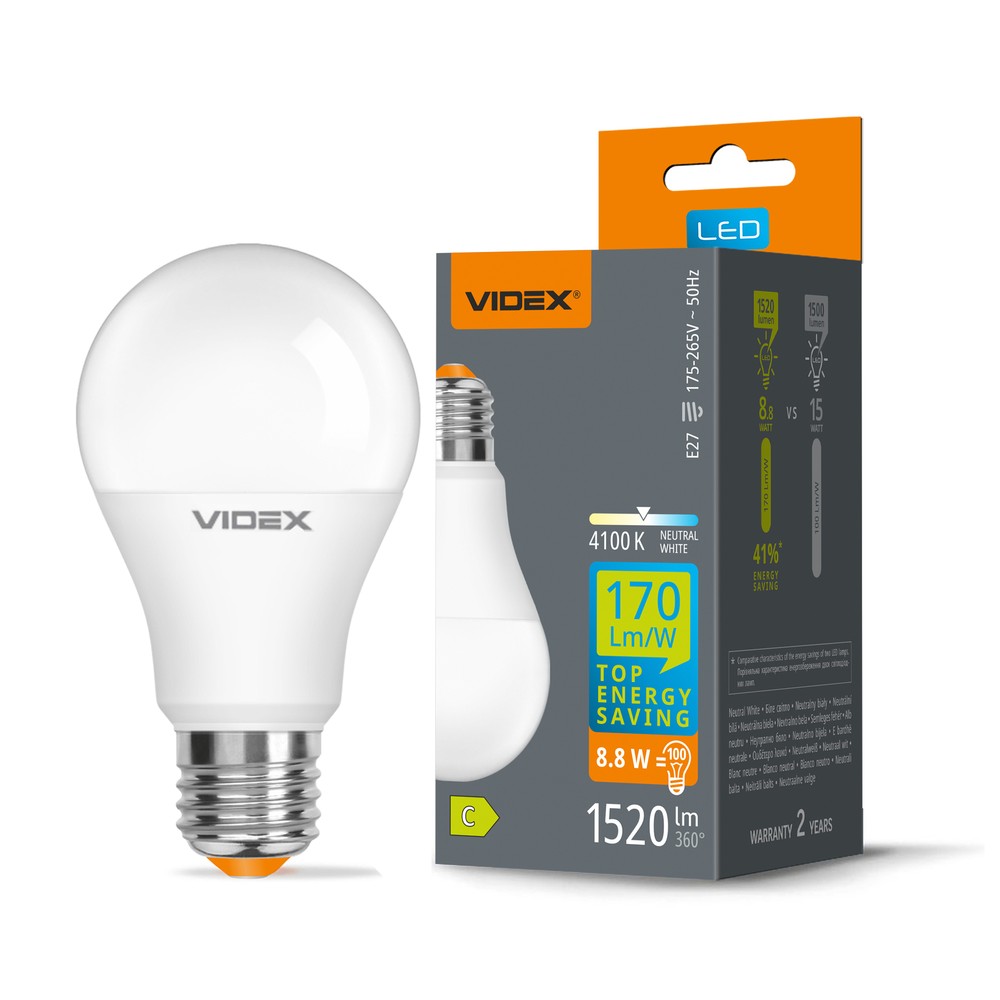 E27 8,8w Led Pære   A60, Neutral Hvid   Kulør : Neutral fra Videx