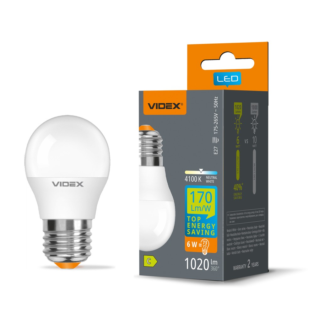 E27 6w Led Kronepære   G45, Neutral Hvid   Kulør : Neutral fra Videx