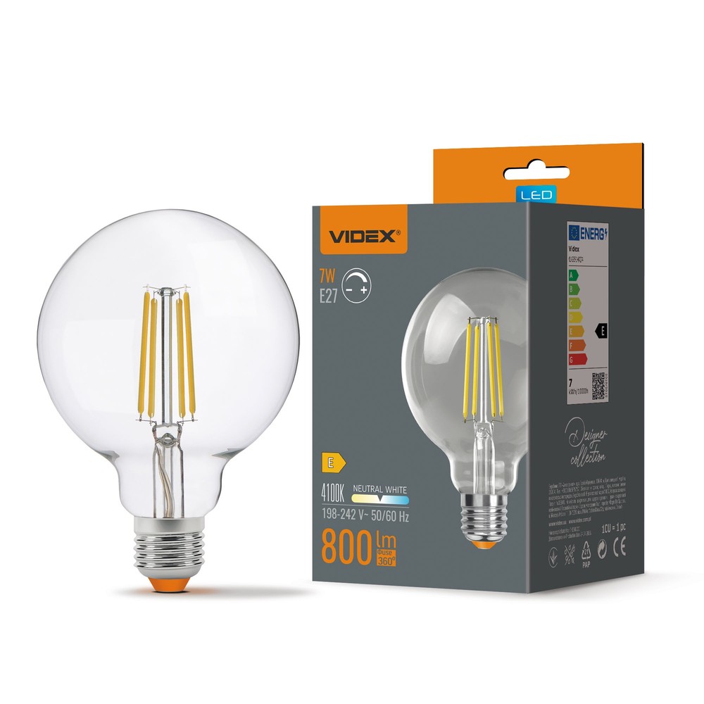 E27 7w Led Filament Pære   G95, Neutral Hvid   Dæmpbar : Dæmpbar, Kulør : Neutral fra Videx