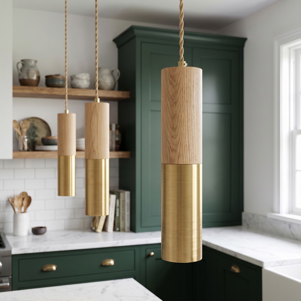 Malm E14 Cylinder Pendel Guld Træ   2m Ledning, Med Roset, Uden Lyskilde. fra Home Décor